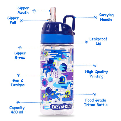 EAZY KIDS Lunch Box and Tritan Water Bottle w/Carry handle, Astronauts - Blue, 420ml