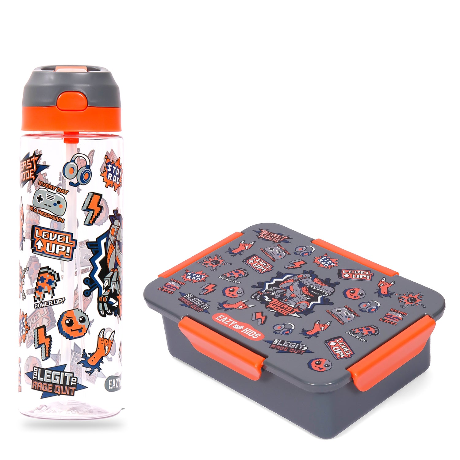 EAZY KIDS Lunch Box and Tritan Water Bottle w/Spray, Dinosaur - Grey, 750ml