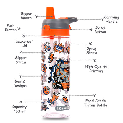 EAZY KIDS Lunch Box and Tritan Water Bottle w/Spray, Dinosaur - Grey, 750ml