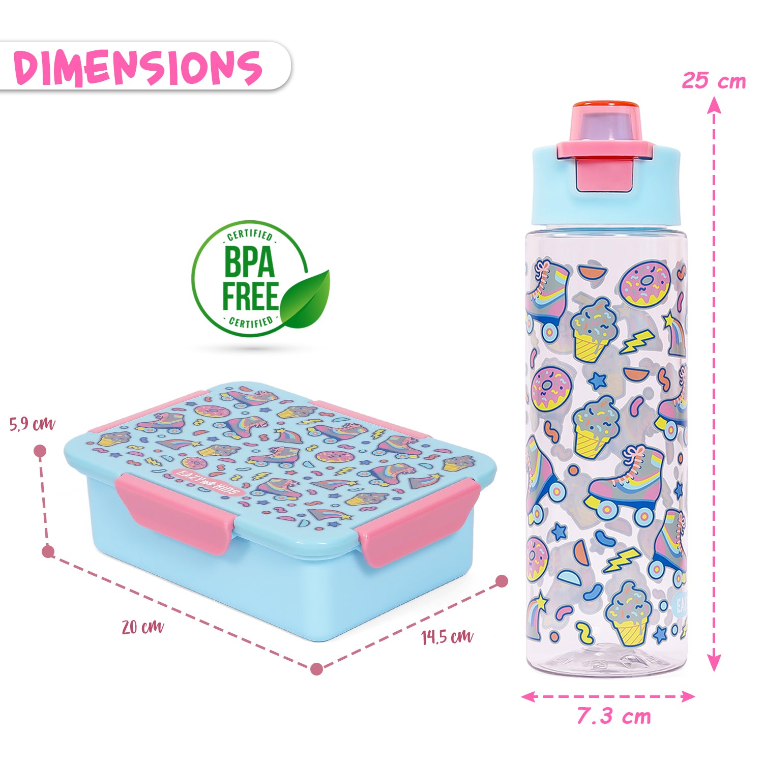 EAZY KIDS Lunch Box and Tritan Water Bottle w/Flip Lid, Gen Z Skater - Blue, 750ml