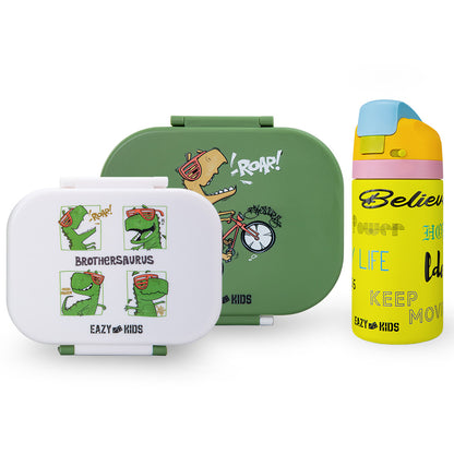 Eazy Kids Bento Lunch Box Set of 2 w/ Stainless Steel Water Bottle 445ml – Dino Green