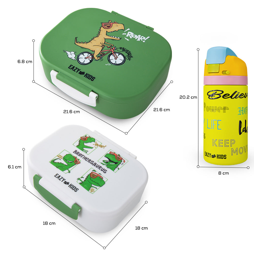 Eazy Kids Bento Lunch Box Set of 2 w/ Stainless Steel Water Bottle 445ml – Dino Green