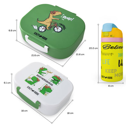 Eazy Kids Bento Lunch Box Set of 2 w/ Stainless Steel Water Bottle 445ml – Dino Green