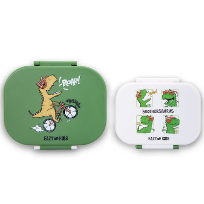 Eazy Kids Bento Lunch Box Set of 2 w/ Stainless Steel Water Bottle 445ml – Dino Green