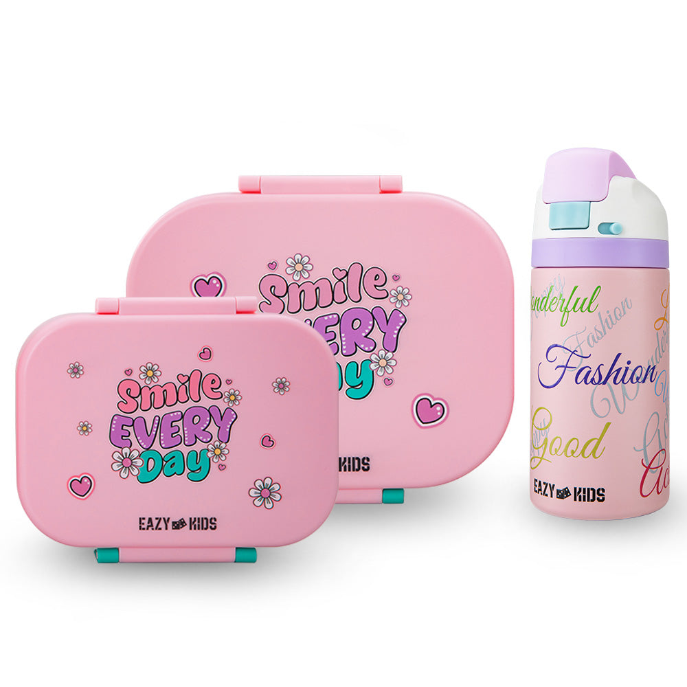 Eazy Kids Bento Lunch Box Set of 2 w/ Stainless Steel Water Bottle 445ml – Shine Pink