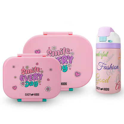 Eazy Kids Bento Lunch Box Set of 2 w/ Stainless Steel Water Bottle 445ml – Shine Pink