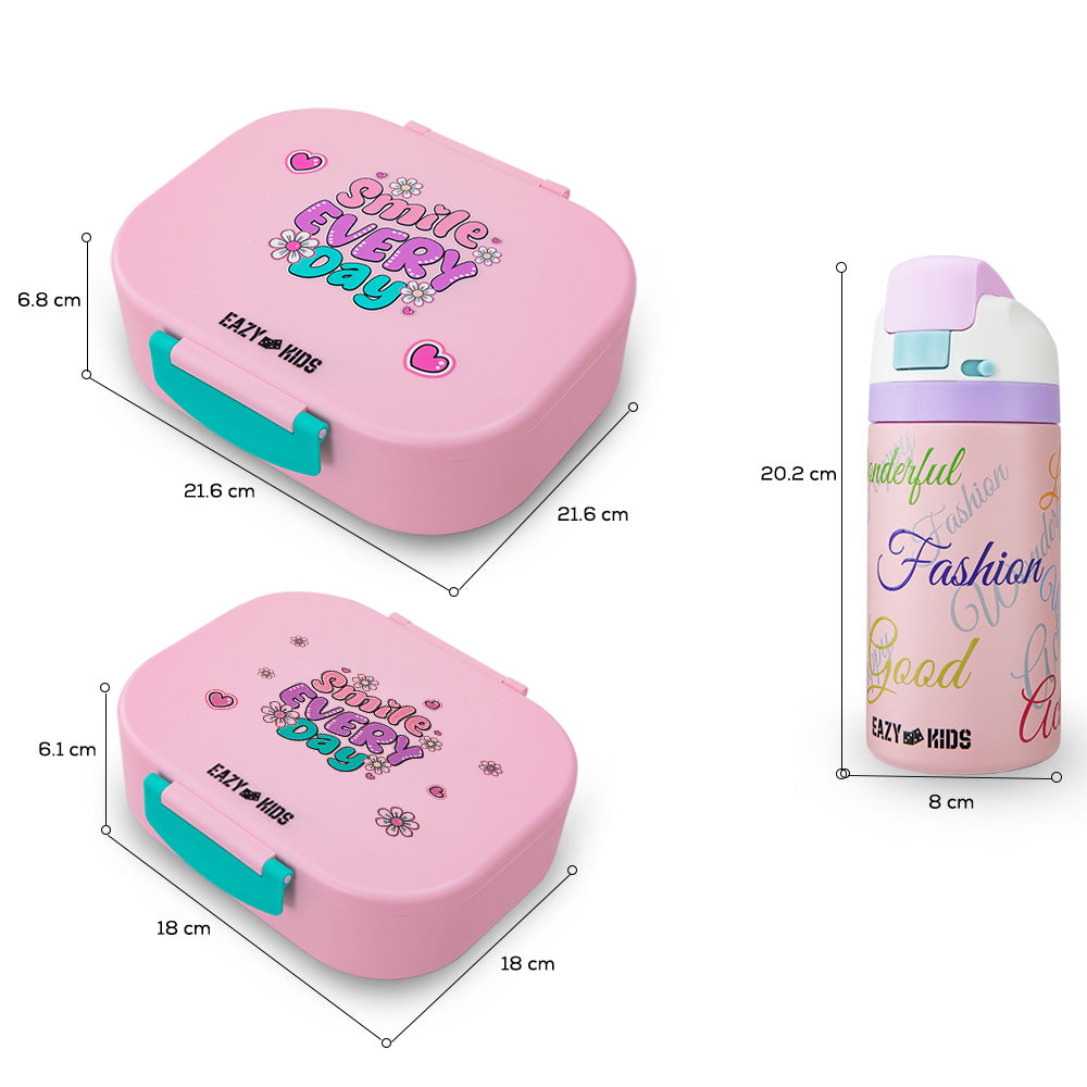Eazy Kids Bento Lunch Box Set of 2 w/ Stainless Steel Water Bottle 445ml – Shine Pink