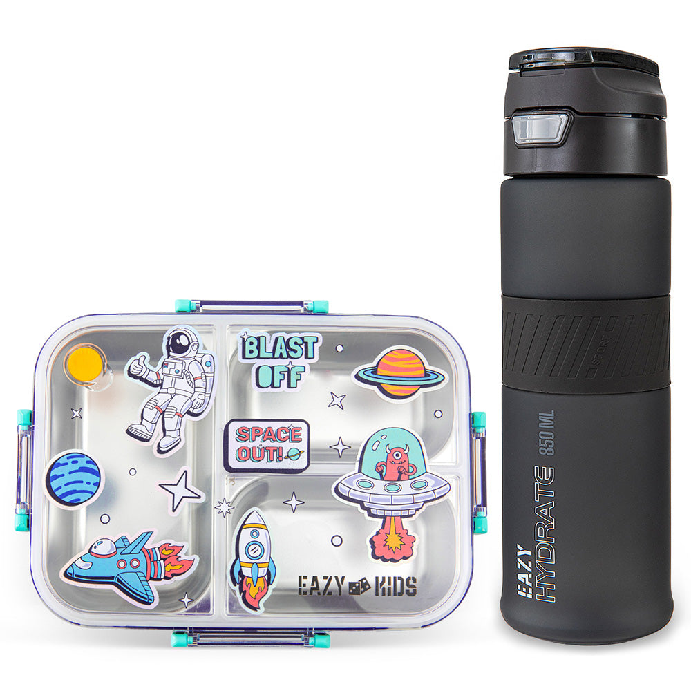 Eazy Kids Stainless Steel Bento Lunch Box w/ Tritan Water Bottle 850ml – Space Out