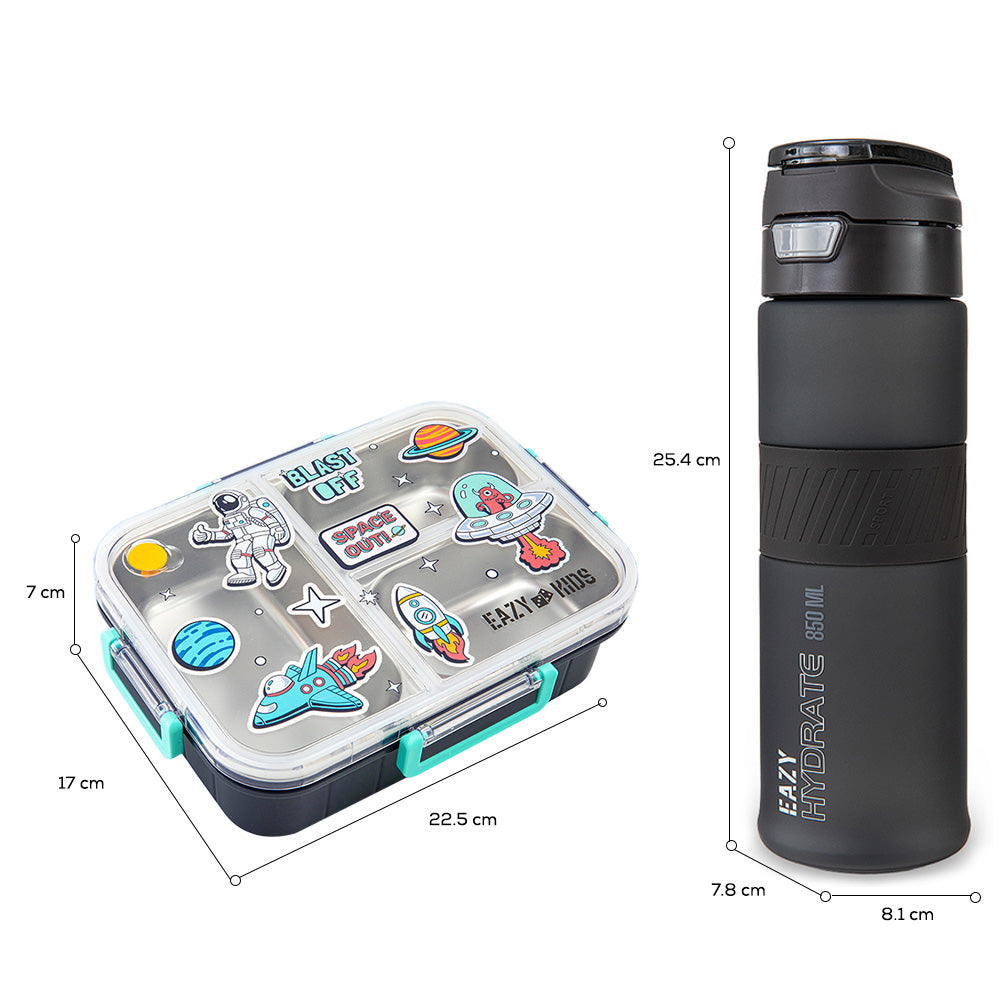 Eazy Kids Stainless Steel Bento Lunch Box w/ Tritan Water Bottle 850ml – Space Out