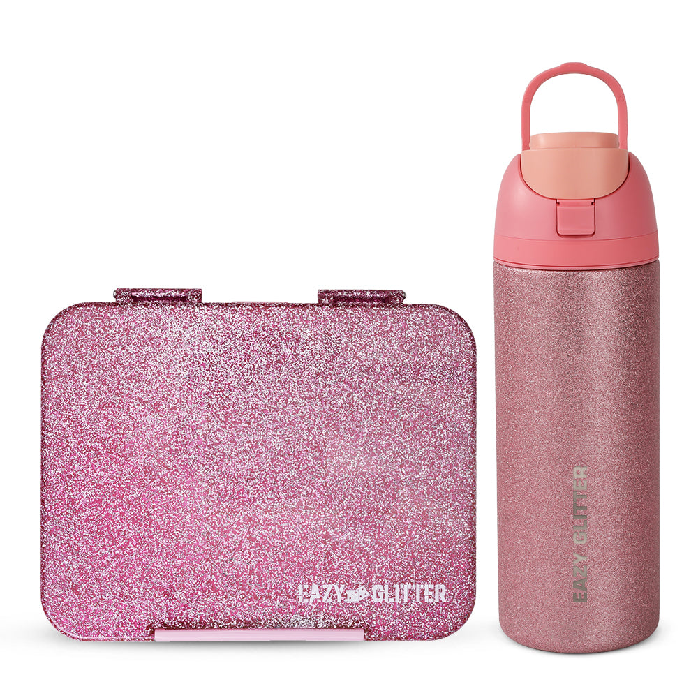 Eazy Kids Glitter Stainless Steel Water Bottle 720ml w/ Convertible Bento Lunch Box – Glitter Pink