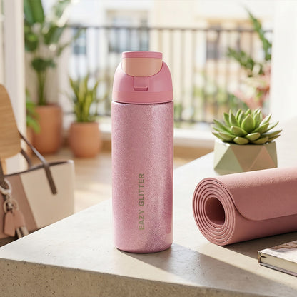 Eazy Kids Glitter Stainless Steel Water Bottle 720ml w/ Convertible Bento Lunch Box – Glitter Pink