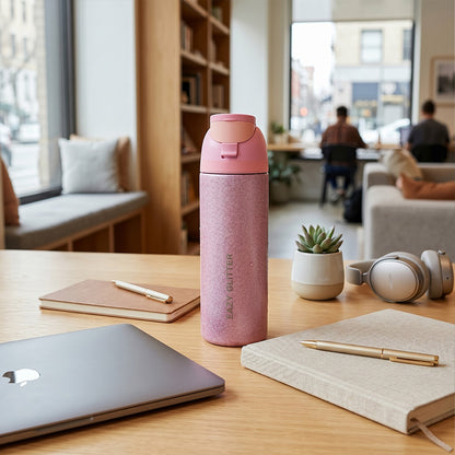 Eazy Kids Glitter Stainless Steel Water Bottle 720ml w/ Convertible Bento Lunch Box – Glitter Pink