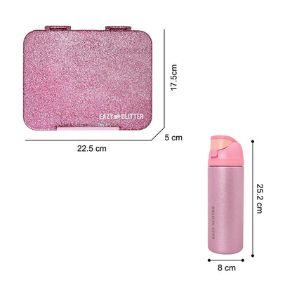 Eazy Kids Glitter Stainless Steel Water Bottle 720ml w/ Convertible Bento Lunch Box – Glitter Pink