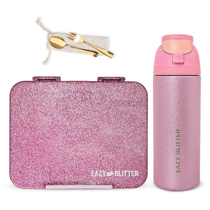 Eazy Kids Glitter Stainless Steel Water Bottle 720ml w/ Convertible Bento Lunch Box – Glitter Pink