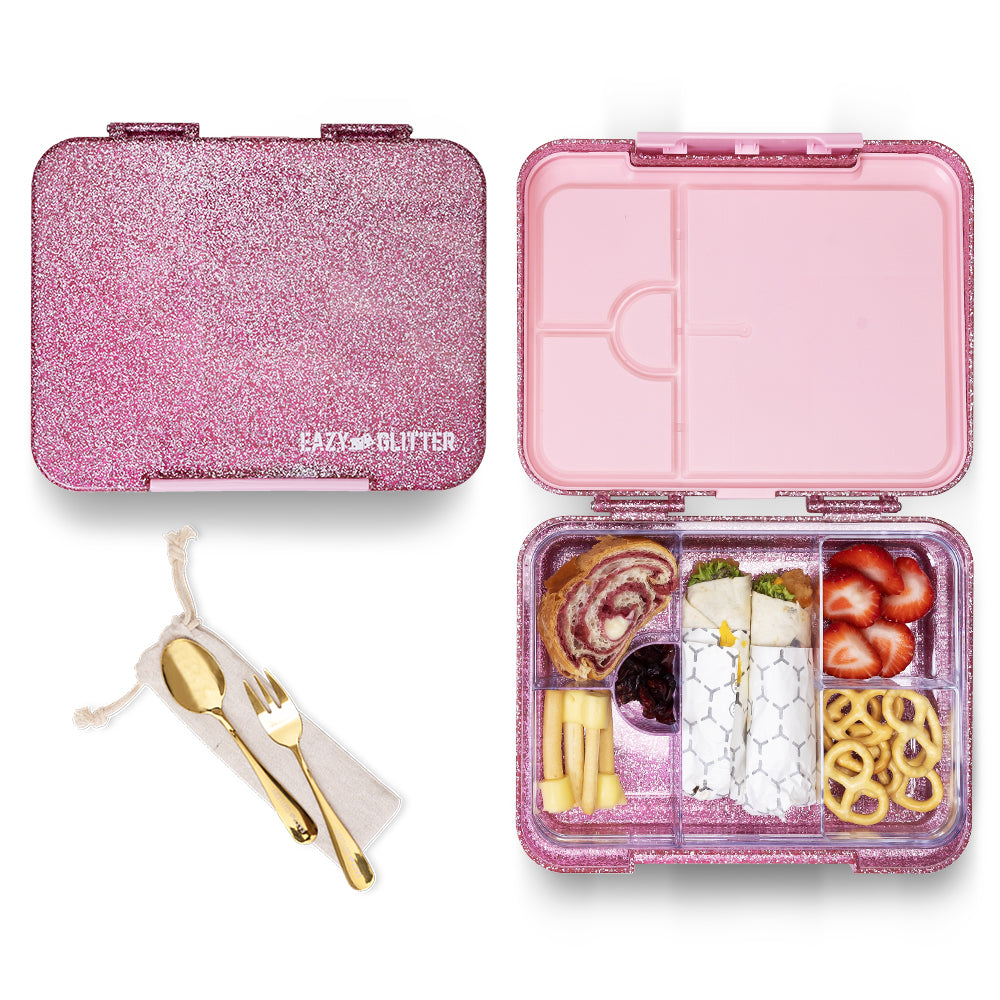 Eazy Kids Glitter Stainless Steel Water Bottle 720ml w/ Convertible Bento Lunch Box – Glitter Pink