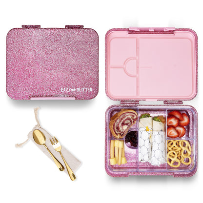 Eazy Kids Glitter Stainless Steel Water Bottle 720ml w/ Convertible Bento Lunch Box – Glitter Pink