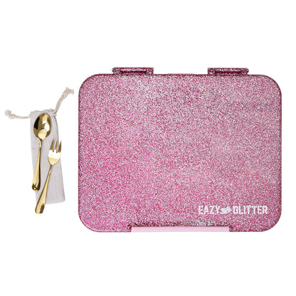Eazy Kids Glitter Stainless Steel Water Bottle 720ml w/ Convertible Bento Lunch Box – Glitter Pink