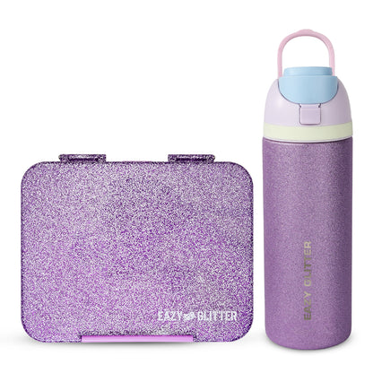 Eazy Kids Convertible Bento Lunch Box w/ Glitter Stainless Steel Water Bottle 720ml – Glitter Purple