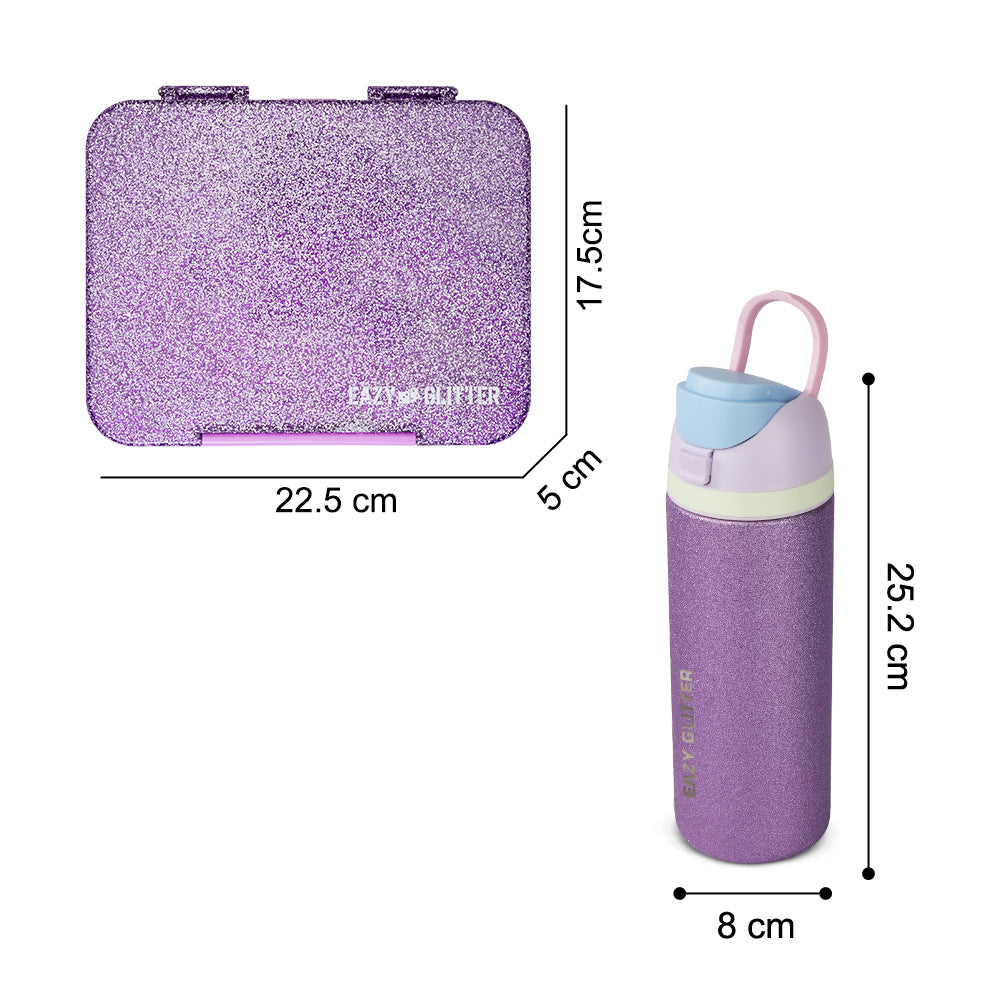 Eazy Kids Convertible Bento Lunch Box w/ Glitter Stainless Steel Water Bottle 720ml – Glitter Purple
