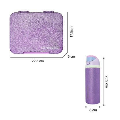 Eazy Kids Convertible Bento Lunch Box w/ Glitter Stainless Steel Water Bottle 720ml – Glitter Purple