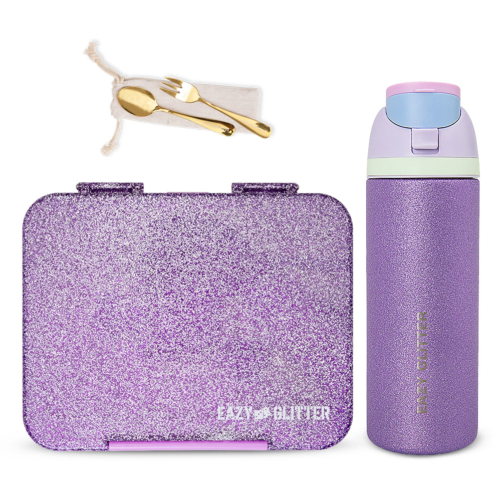 Eazy Kids Convertible Bento Lunch Box w/ Glitter Stainless Steel Water Bottle 720ml – Glitter Purple