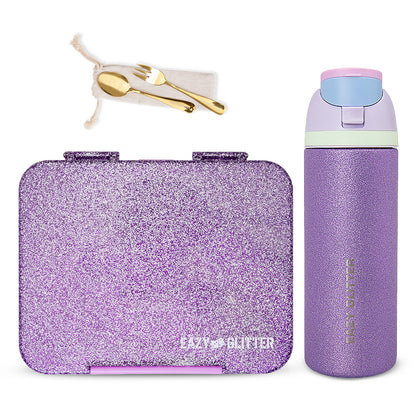 Eazy Kids Convertible Bento Lunch Box w/ Glitter Stainless Steel Water Bottle 720ml – Glitter Purple
