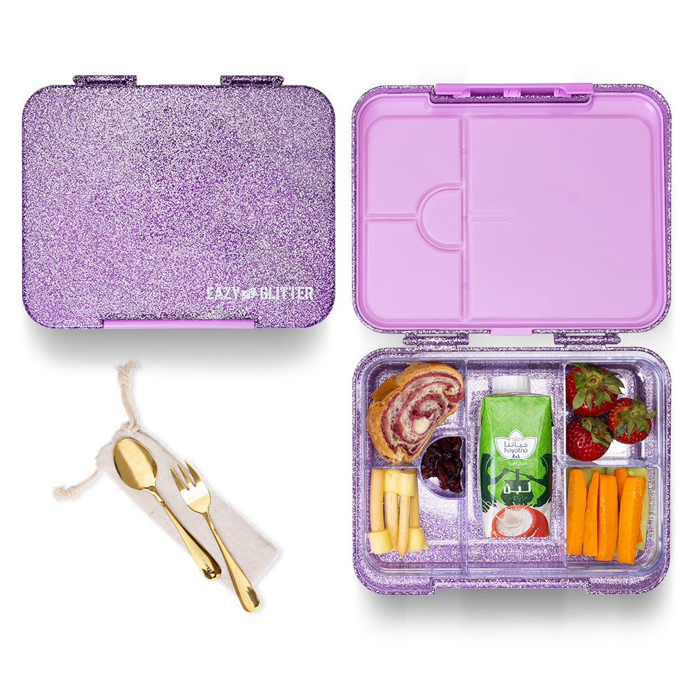 Eazy Kids Convertible Bento Lunch Box w/ Glitter Stainless Steel Water Bottle 720ml – Glitter Purple