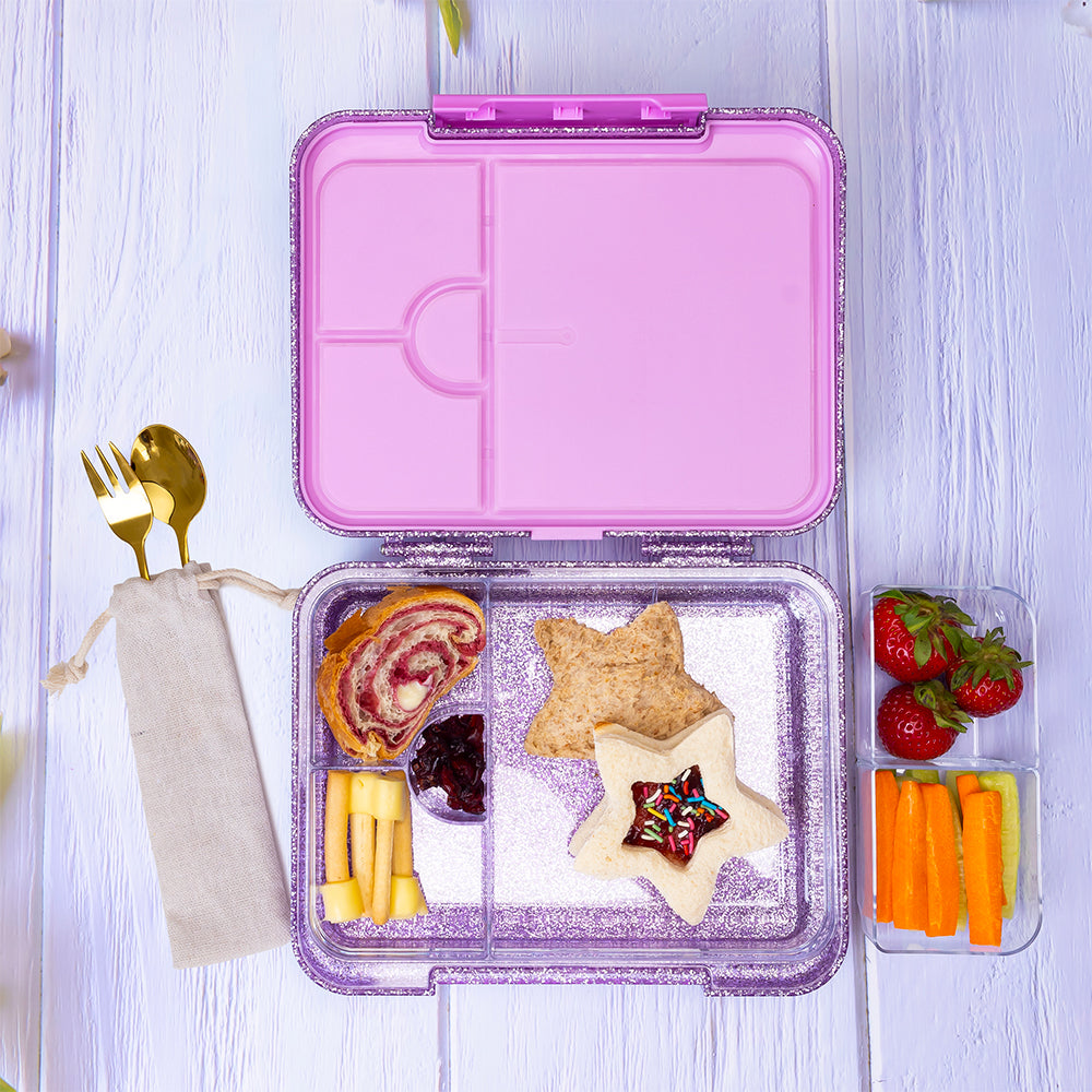 Eazy Kids Convertible Bento Lunch Box w/ Glitter Stainless Steel Water Bottle 720ml – Glitter Purple