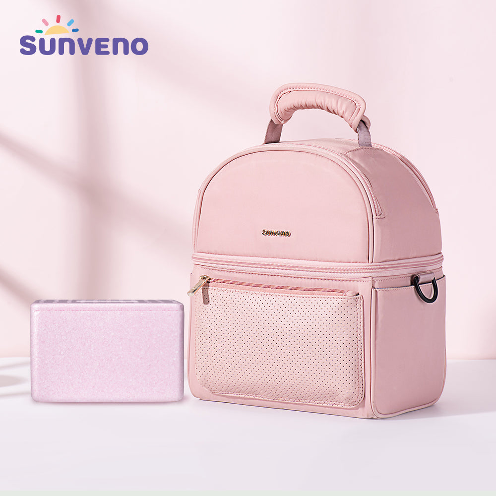 SUNVENO - Insulated Lunch Bag with Thermo Box & 4 Pcs Flamingo Ice Pack Set - Pink