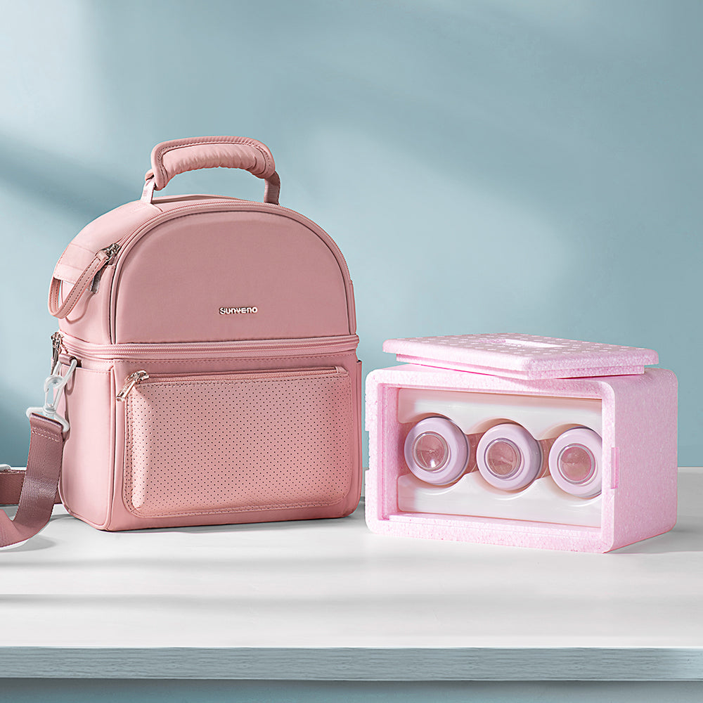 SUNVENO - Insulated Lunch Bag with Thermo Box & 4 Pcs Flamingo Ice Pack Set - Pink