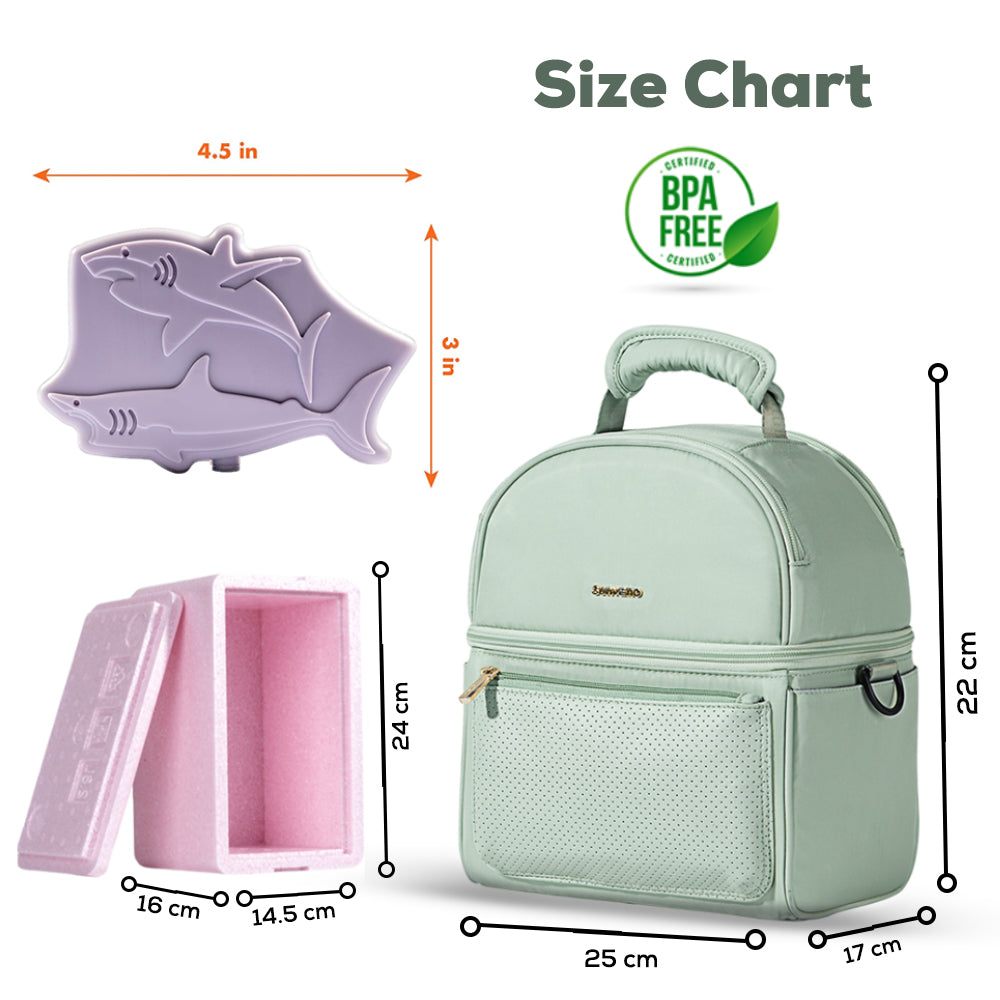 SUNVENO - Insulated Lunch Bag with Thermo Box & 4 Pcs shark Ice Pack Set - Green