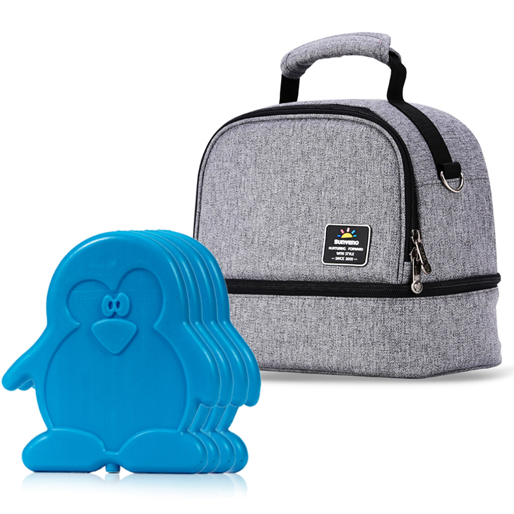 SUNVENO Insulated Bottle/Lunch Bag with 4 Pcs Penguin Ice Pack Set - Grey