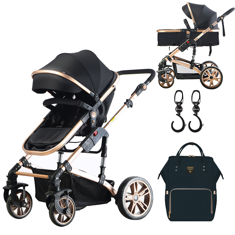 TEKNUM 3 in 1 stroller - Black + SUNVENO Diaper Bag - Black + Hooks