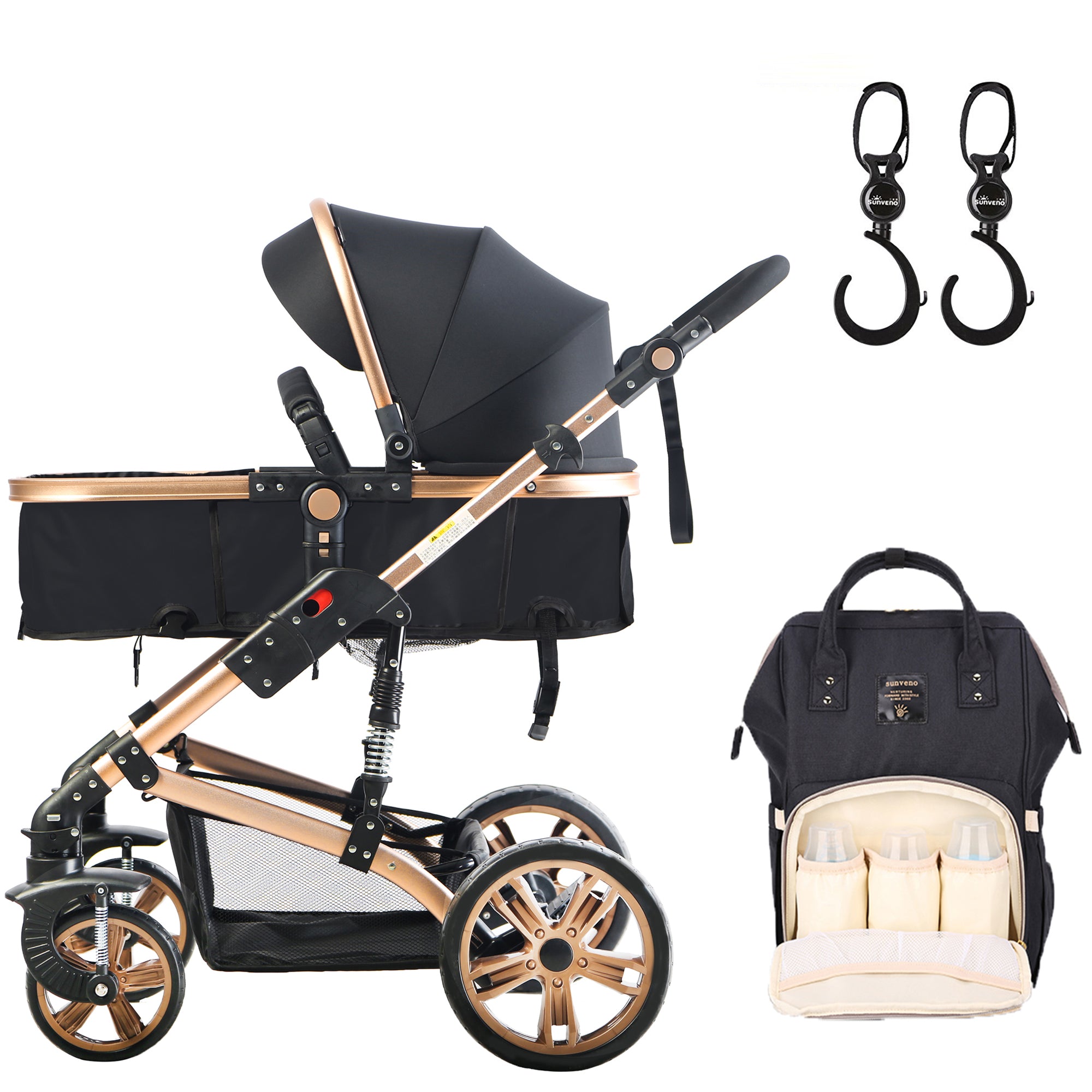 TEKNUM 3 in 1 stroller - Black + SUNVENO Diaper Bag - Black + Hooks