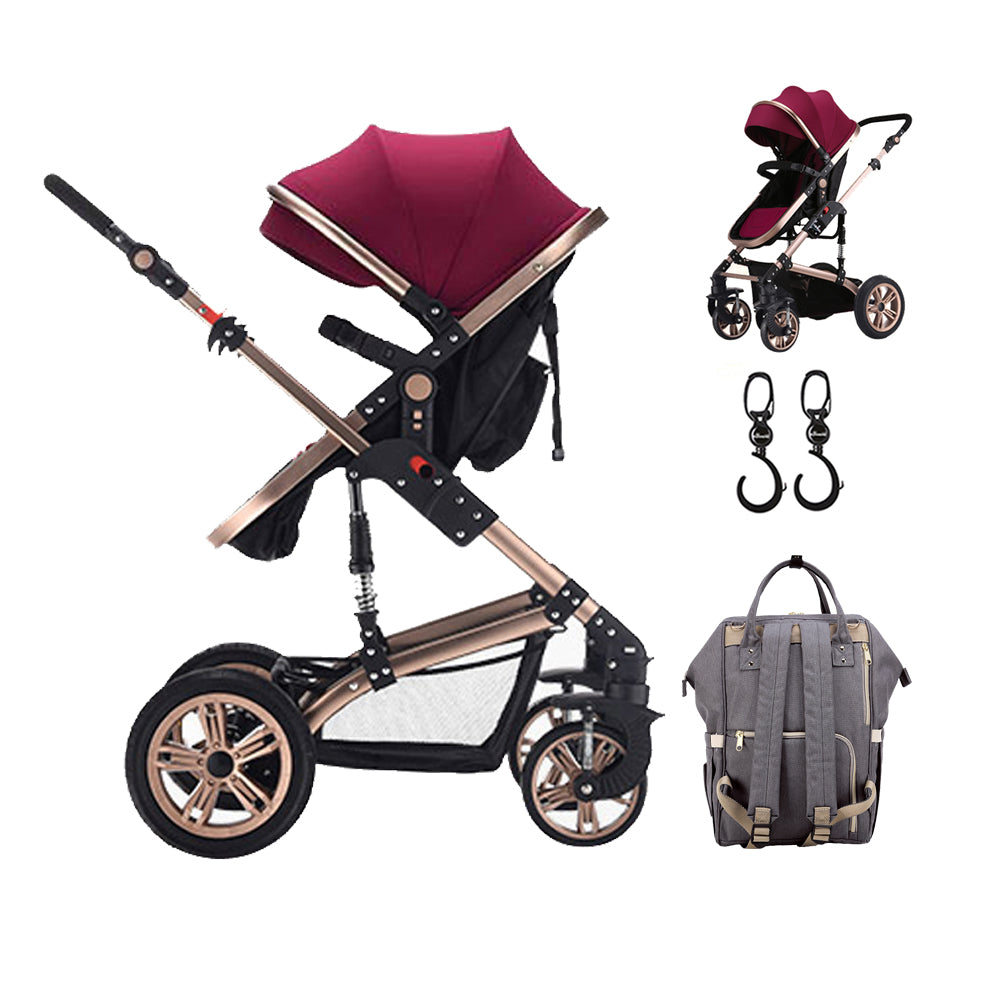 TEKNUM 3 in 1 Pram Stroller - Wine + SUNVENO Diaper Bag Grey + Hooks