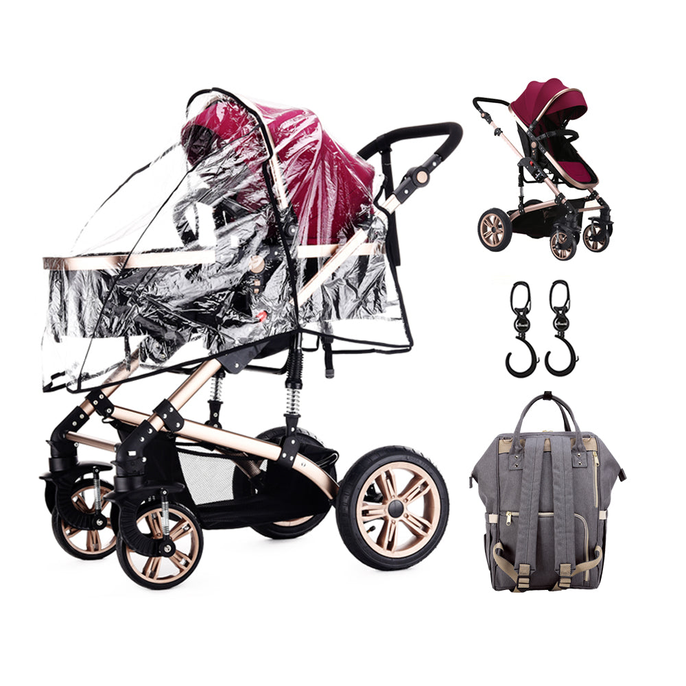 TEKNUM 3 in 1 Pram Stroller - Wine + SUNVENO Diaper Bag Grey + Hooks