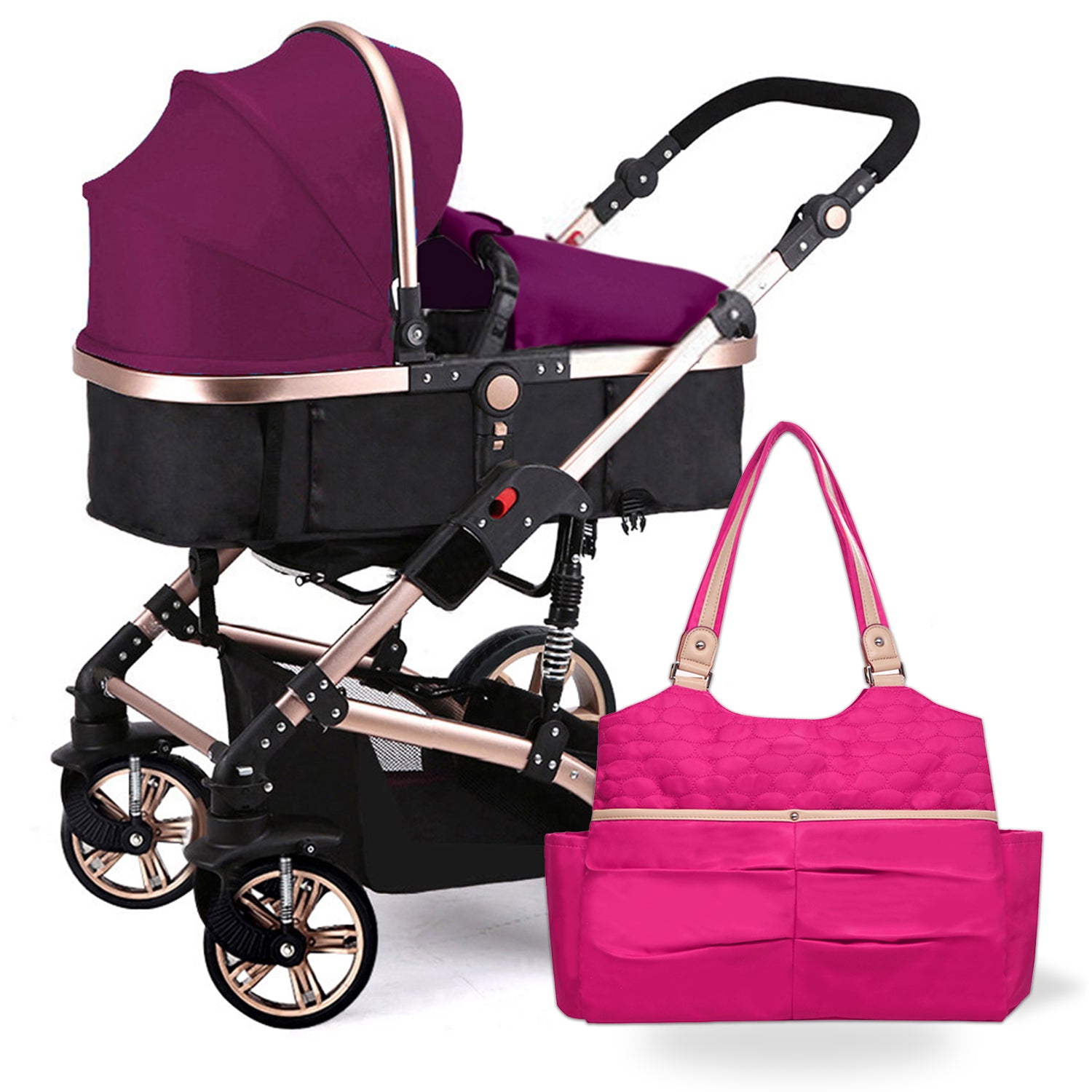 TEKNUM 3 in 1 Pram stroller with SUNVENO Fashion Diaper Tote Bag - Wine
