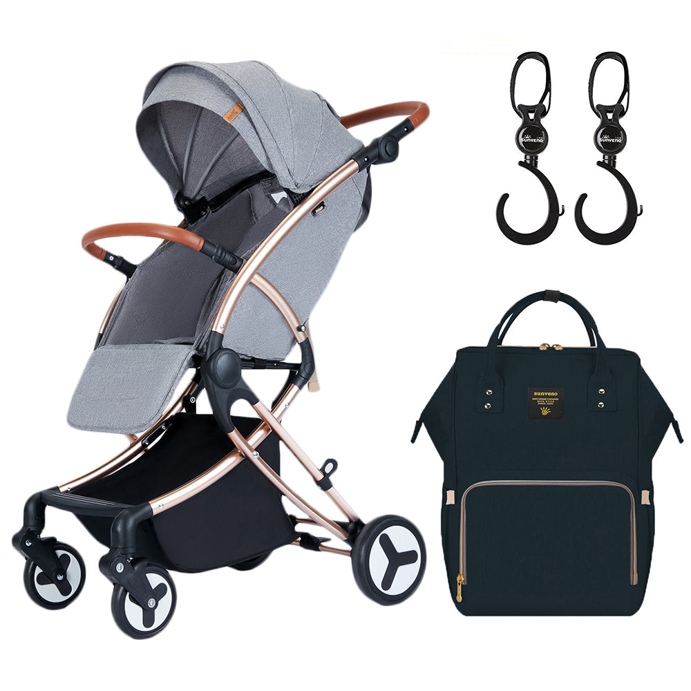 TEKNUM A1 Feather Lite Stroller - Grey + SUNVENO Diaper Bag - Black + Hooks