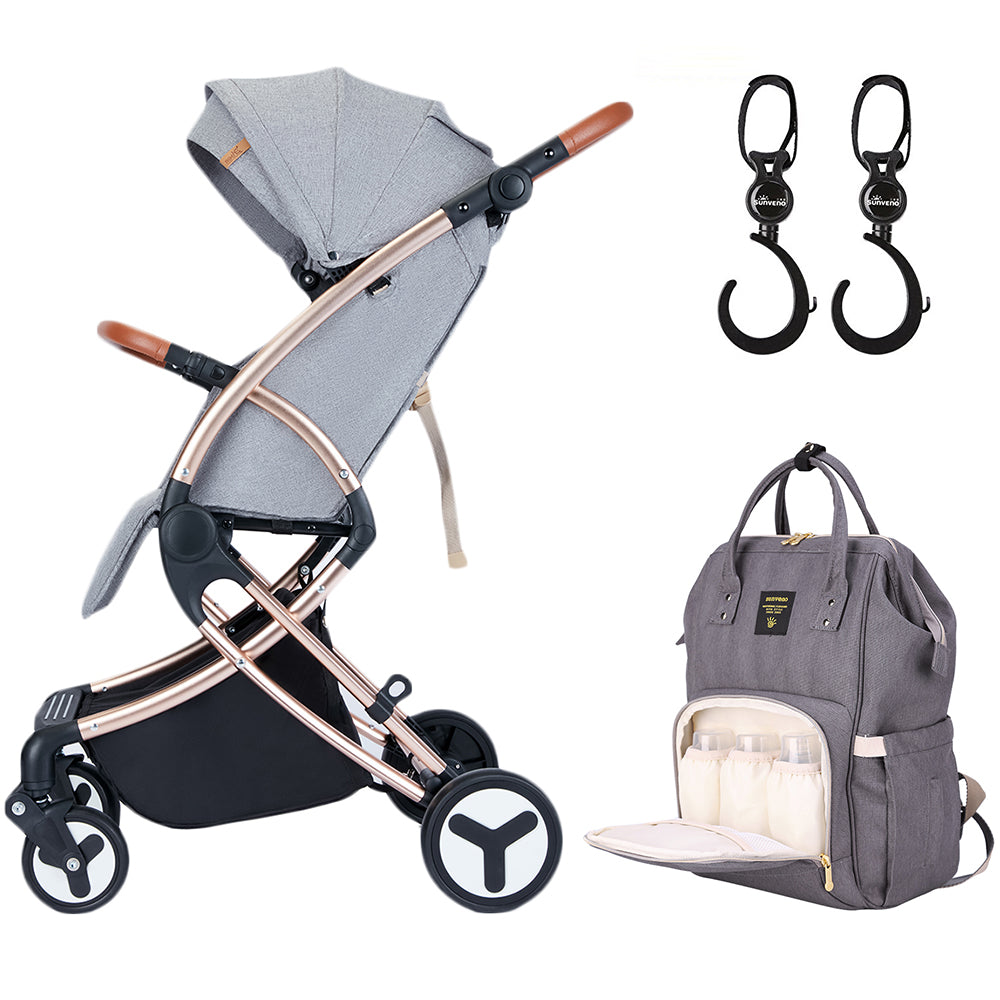 TEKNUM A1 Feather Lite Stroller - Grey + SUNVENO Diaper Bag - Grey + Hooks