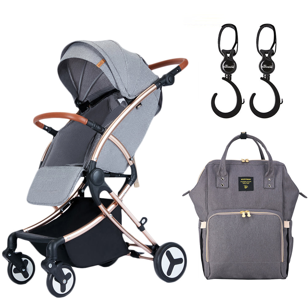 TEKNUM A1 Feather Lite Stroller - Grey + SUNVENO Diaper Bag - Grey + Hooks