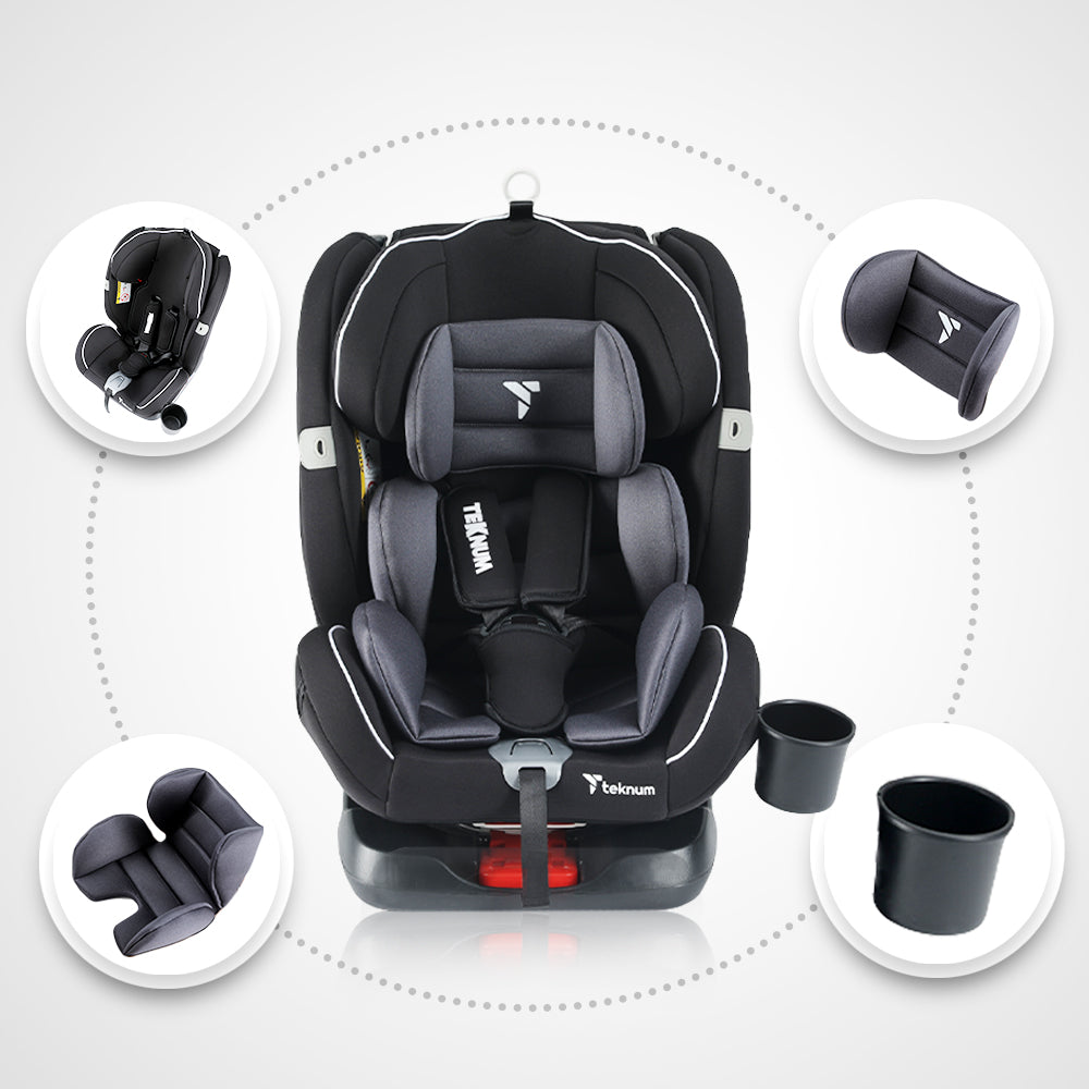 TEKNUM Evolve 360 Car Seat (0 - 12yrs) with SUNVENO Fashion Diaper Bag - Grey