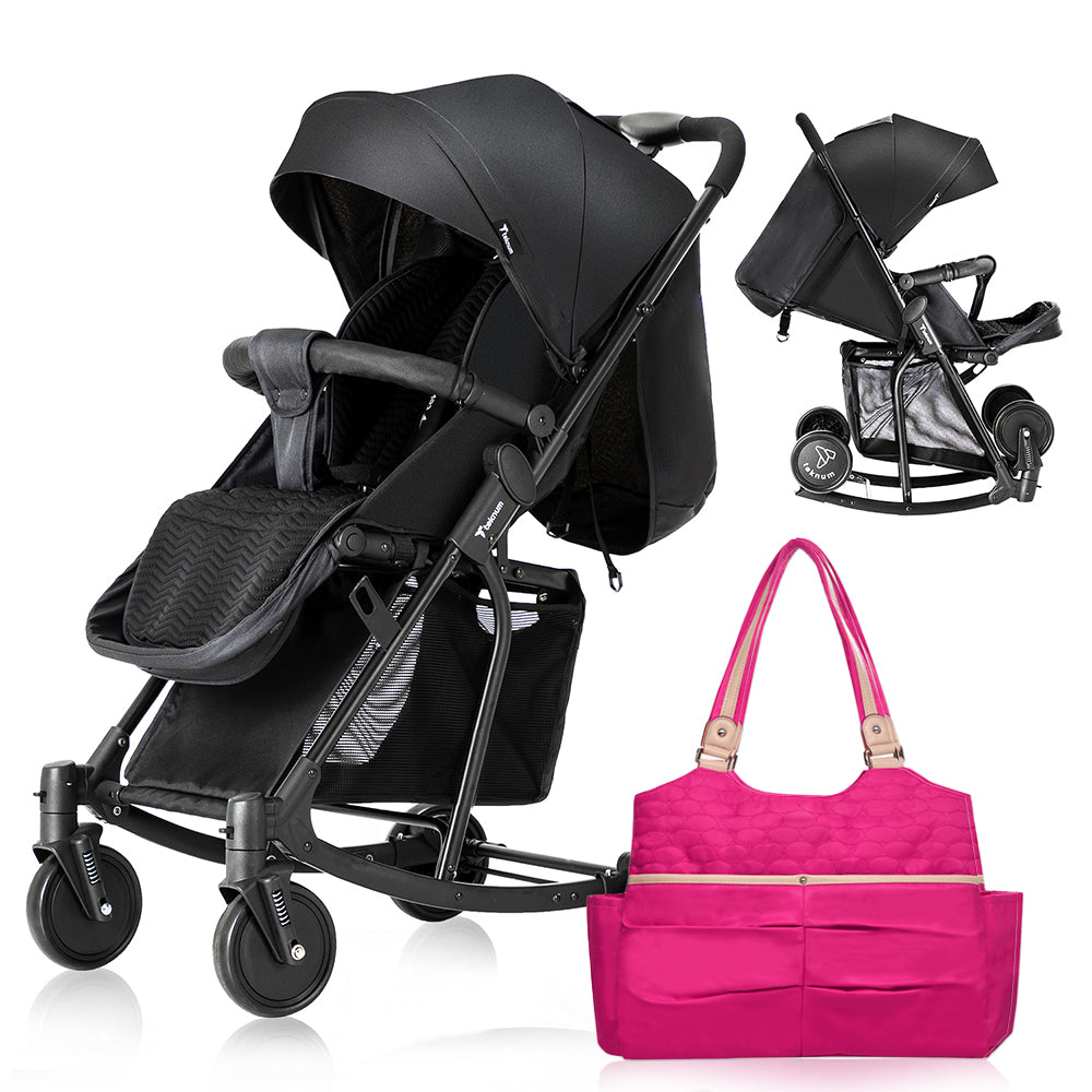TEKNUM Stroller With Rocker w/Pink Diaper tote Bag- Black