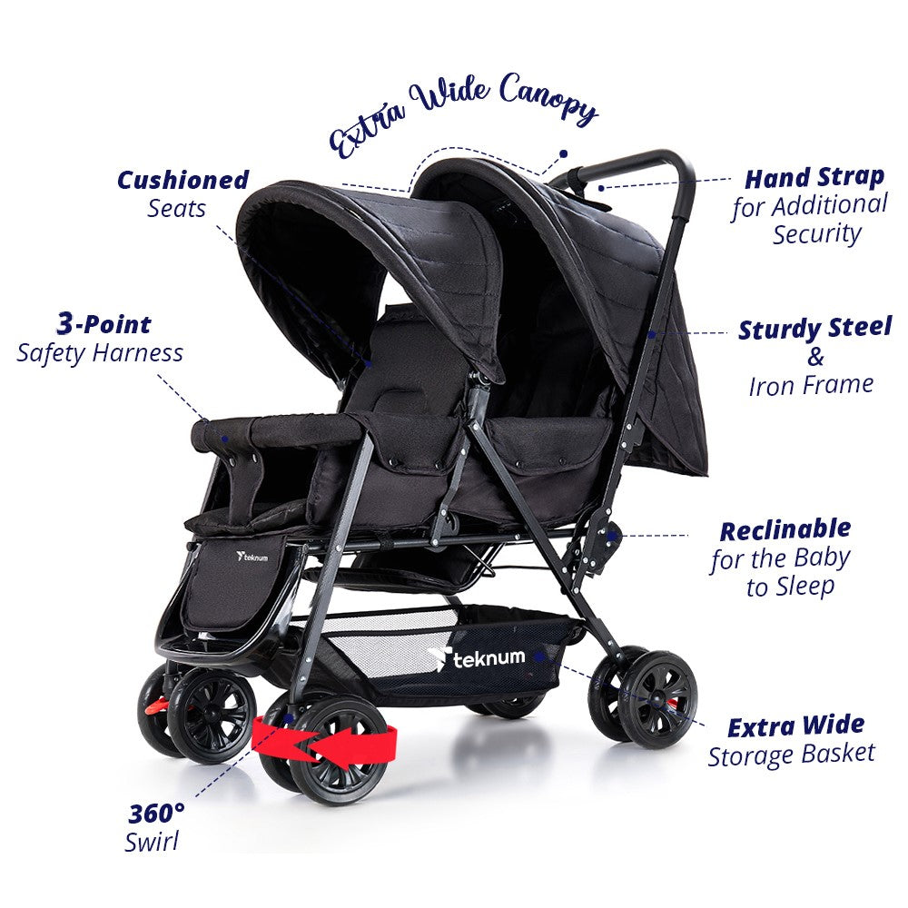 TEKNUM Double Baby Stroller with Hooks - Black