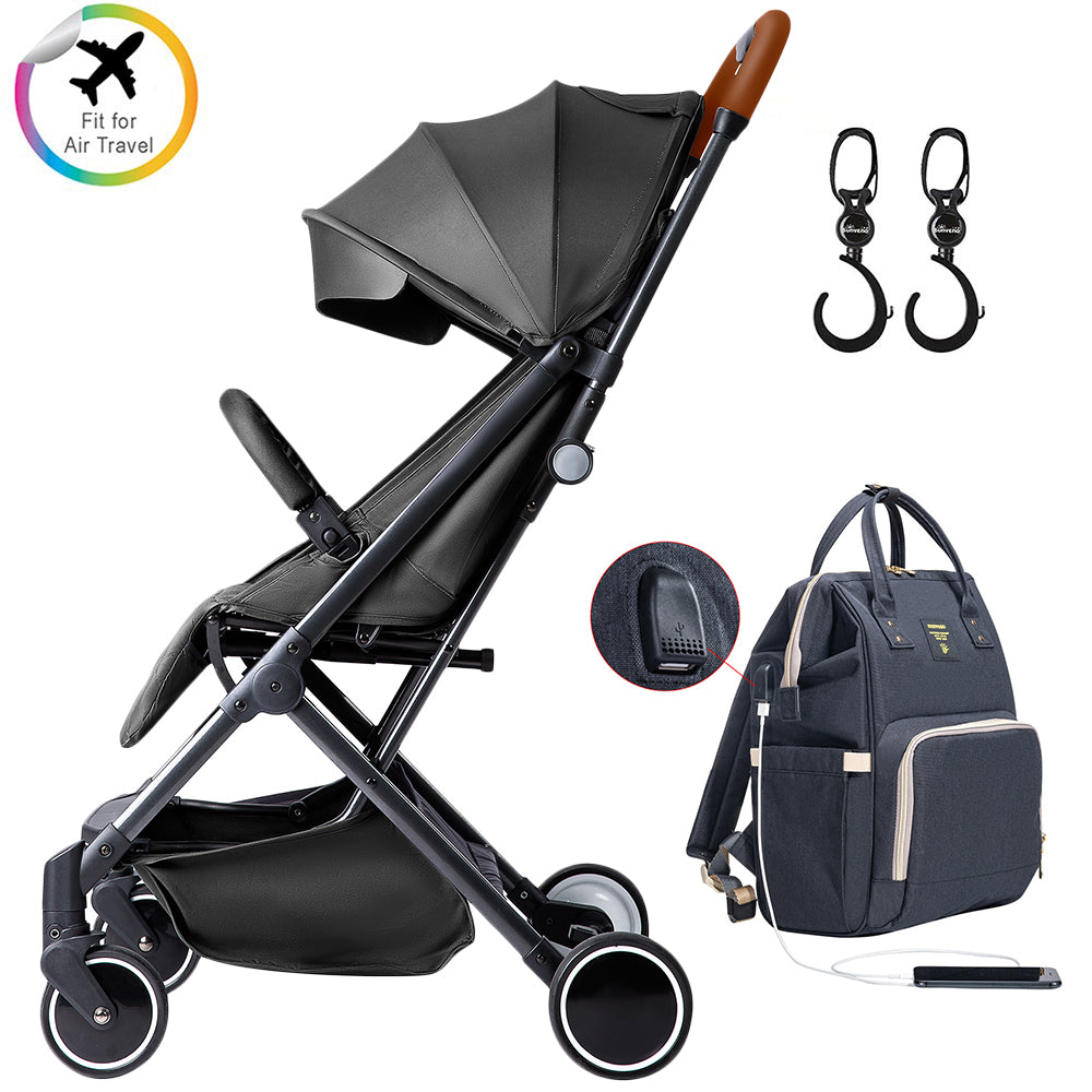 TEKNUM Travel Lite Stroller + SUNVENO USB Diaper Bag and Stroller Hooks - Black