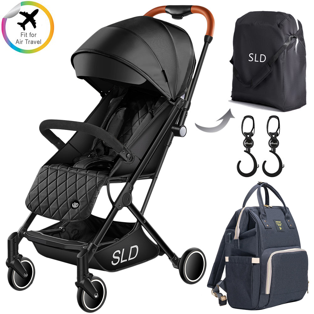 TEKNUM Travel Lite Stroller + SUNVENO USB Diaper Bag and Stroller Hooks - Black