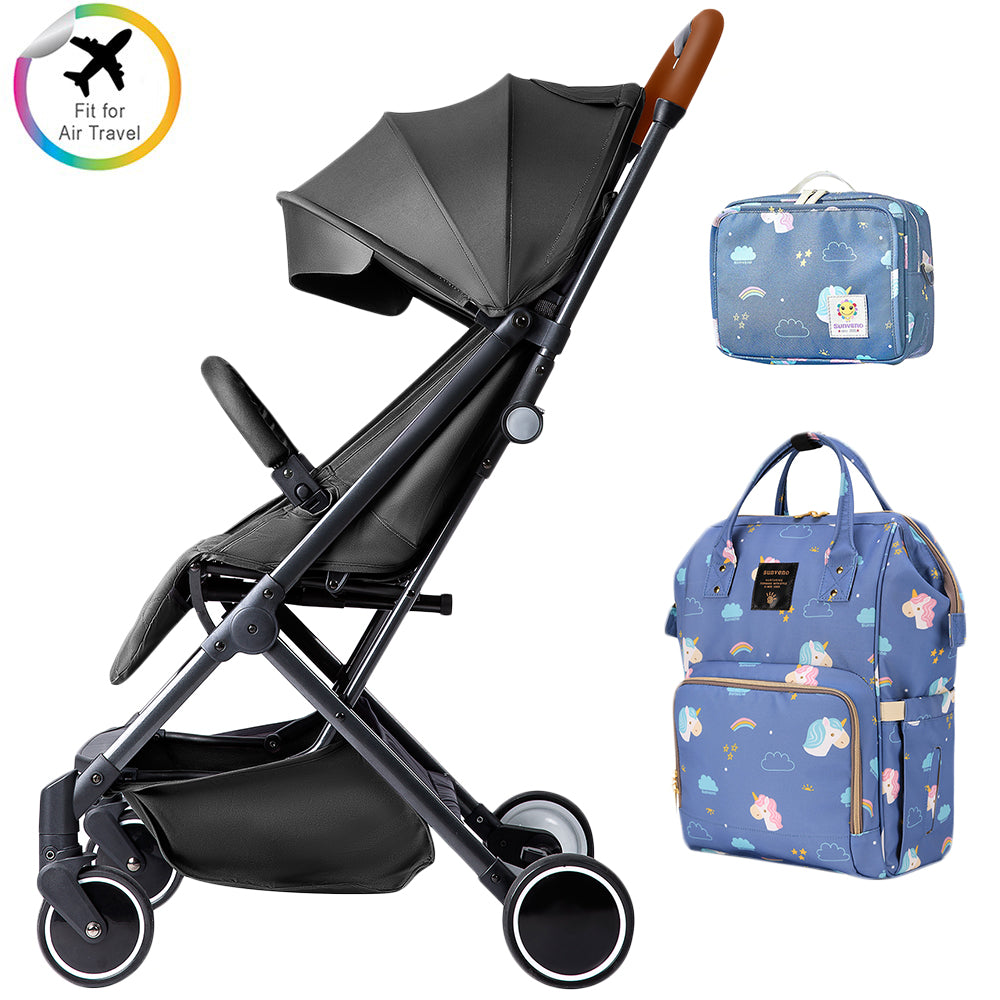 TEKNUM Travel Lite Stroller - Black and SUNVENO Unicorn Diaper Bag and Clutch Combo