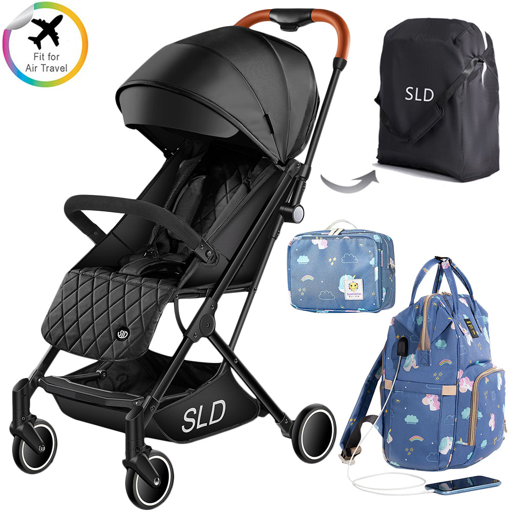 TEKNUM Travel Lite Stroller - Black and SUNVENO Unicorn Diaper Bag and Clutch Combo