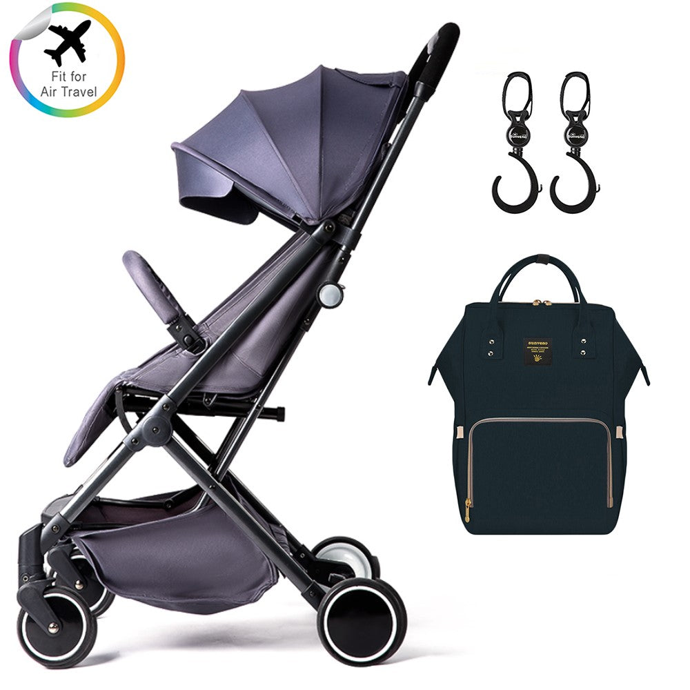 TEKNUM Grey Travel Lite Stroller + SUNVENO Diaper Bag Black with Hooks
