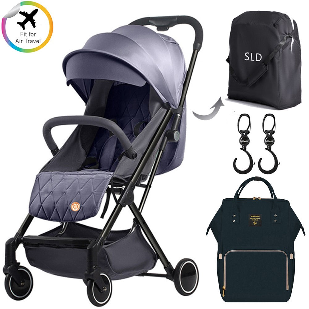 TEKNUM Grey Travel Lite Stroller + SUNVENO Diaper Bag Black with Hooks