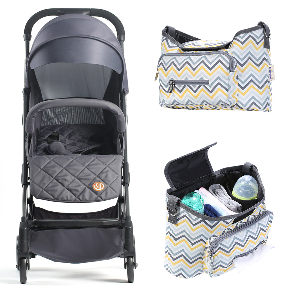 Travel Lite Stroller - SLD by TEKNUM - Dark Grey + SUNVENO Baby Stroller Organizer/Bag - Yellow wave